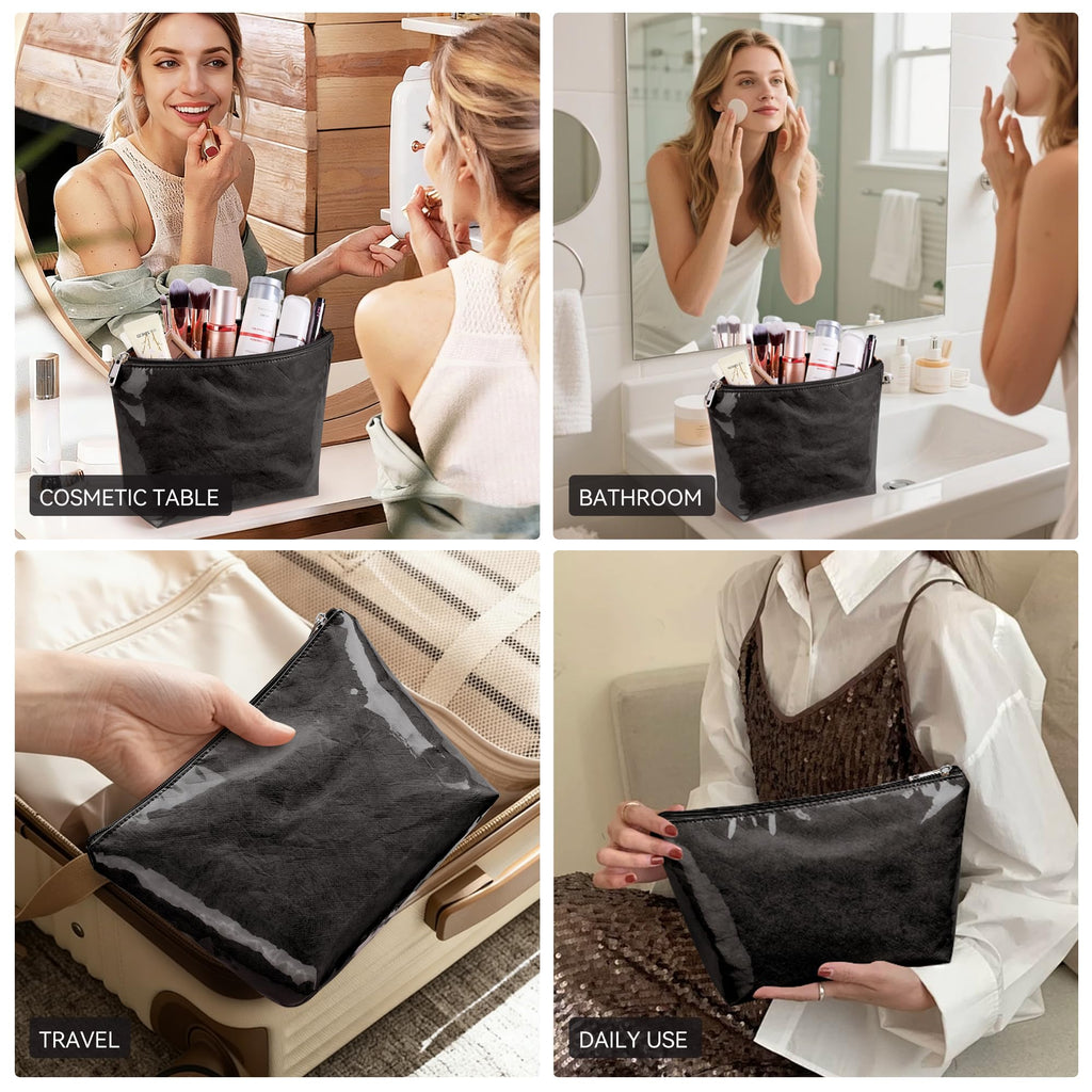 WLLWOO PVC Waterproof Makeup Bag Kraft Paper Cosmetic Bag Travel Toiletry Zipper Pouch Organizer for Women Purse