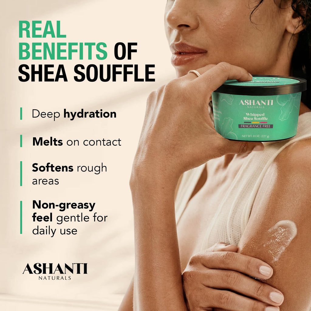 Ashanti Naturals Scented Whipped Shea Butter for Skin | African Body Butter for Women w/Coconut, Almond Oil(Fragrance Free Souffle, 8 oz)
