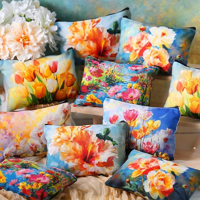 Sweetude 12 Pcs Oil Painting Flowers Makeup Bag Bulk Portable Flower Travel Cosmetic Bags with Zipper Retro Floral Waterproof Roomy Travel Toiletry Organizer Storage Beauty Pouch for Women Gifts