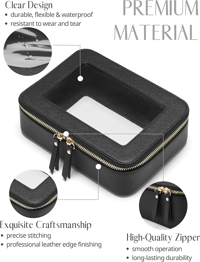 Popvibe Clear Makeup Case Black Toiletry Bag Travel Medium Clear Cosmetic Bag with Zipper, Small Make Up Bag Organizer Traveling TSA Approved Transparent Bag Car for Essentials