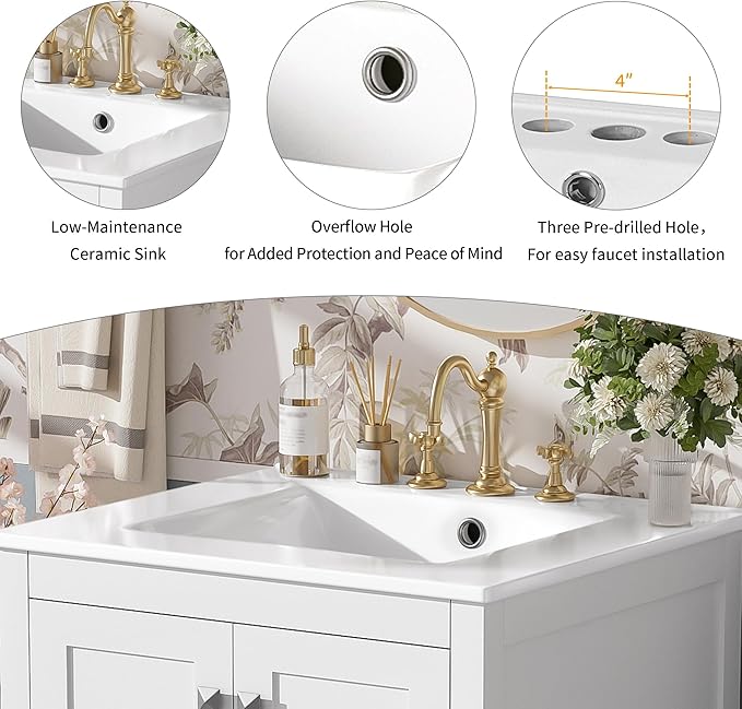 Bellemave 24" Bathroom Vanity with Sink Combo Set, Solid Wood Frame Bathroom Storage Cabinet with a Drawer, 2 Soft Closing Cabinet Doors with Organizer, White