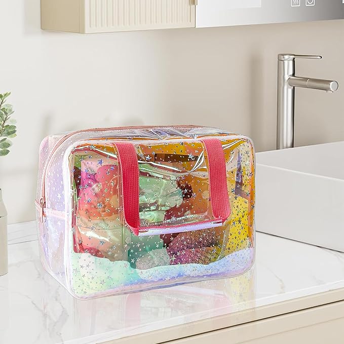 TotePrint TPU Holographic Pink Clear Star Large Cosmetic Bag and Travel Pouch with Handle,Durable TPU Material,Zipper Design-Ideal for Makeup,Travel Essentials (Holographic pink)
