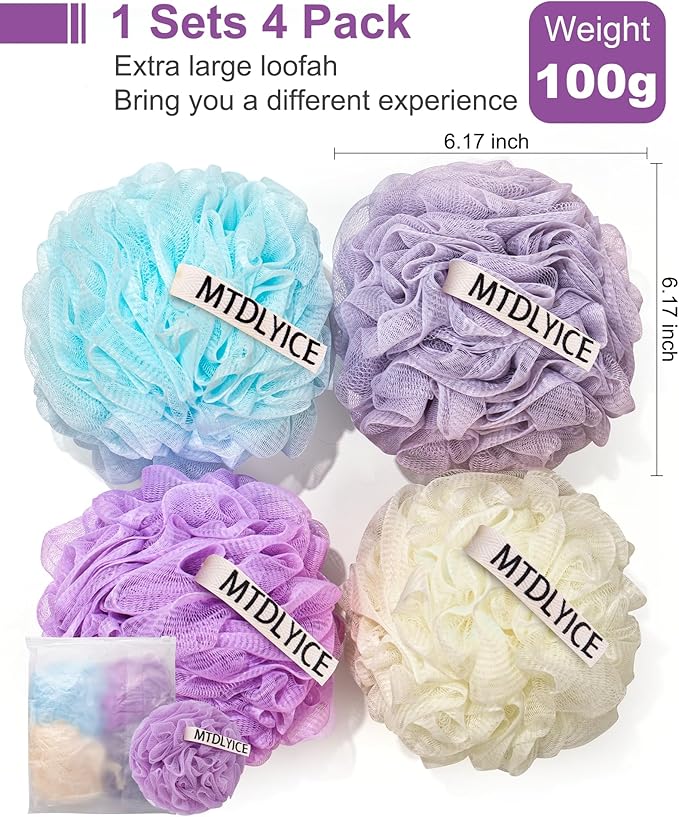 MTDLYICE Loofah Sponge, XXL Large Loofah 100g 4 Pack, Bath Sponge Soft Mesh Shower Loofah for Men, Body Scrub, Shower Pouf Bath Accessories, for Body Wash, Soap (Lavender)