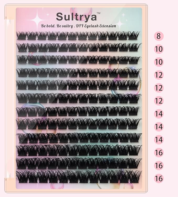 Lash Clusters DIY Eyelash Extensions Volume Lashes Fluffy Individual Lashes 3D Multi-Layered Wispy False Eyelashes Faux Mink Self-Application at home with Natural Look (8-16mm, D01-MULTI)