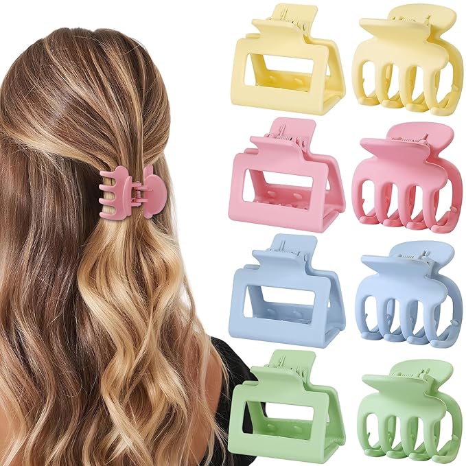 Medium Hair Clips Combination 2 Styles Small Claw Clips for Thin Hair 8 Pcs Matte Non-slip Rectangle Jaw Clips Square Hair Accessories for Women and Girls (Colorful)