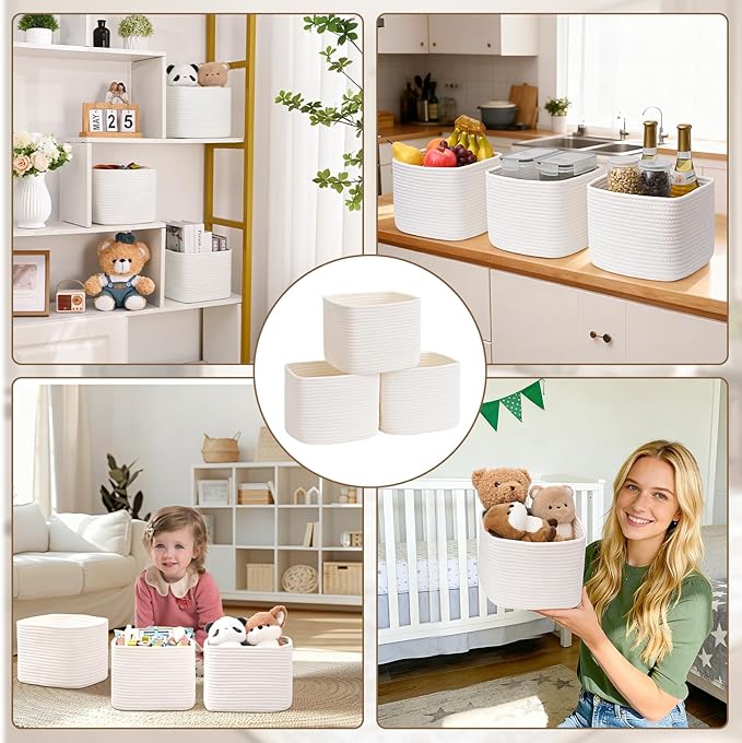 3 Pack Cube Storage Bin, 9”x9”x7” Cotton Rope Woven Baskets for Organizing Toys Clothes Towels, Square Gift Storage Baskets for Shelf, Nursery, Closet, Bathroom, Pantry (White)