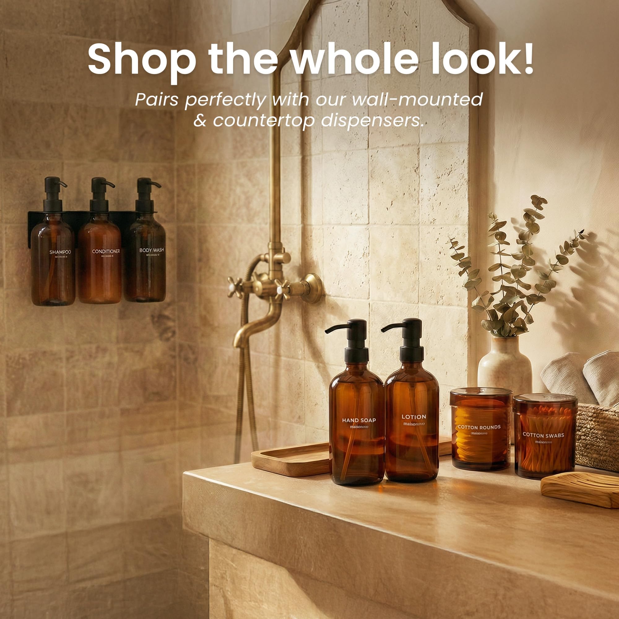 MaisoNovo Glass Bathroom Containers with Lids (Airtight) - Qtip Holder - Apothecary Jars for Cotton Rounds, Swabs, Balls, Pads - Amber Q Tip Dispenser - 2 pcs Bathroom Canisters Set for Organization
