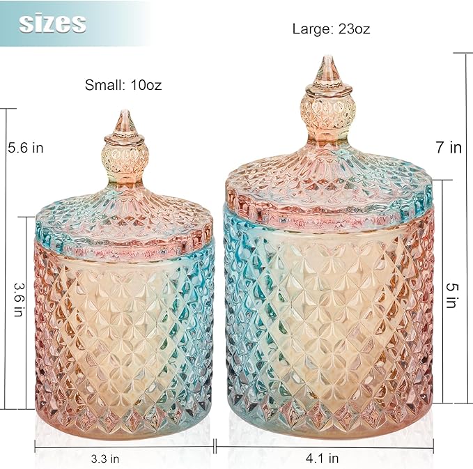 2 Pack Qtip Holder Apothecary Jars with Lid, Small and Large Rainbow