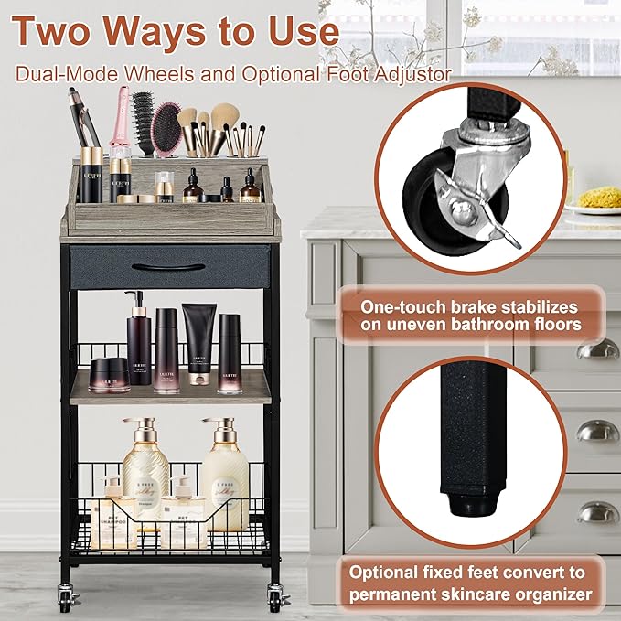 NauwaBarn Makeup Organizer Cart Large, 2-in-1 Beauty Organizer with Wheels & Hair Tool Holder, Makeup Stand with Drawer, Vanity Storage Cosmetics Display Cases for Skin Care Nail Polish Perfume-Black