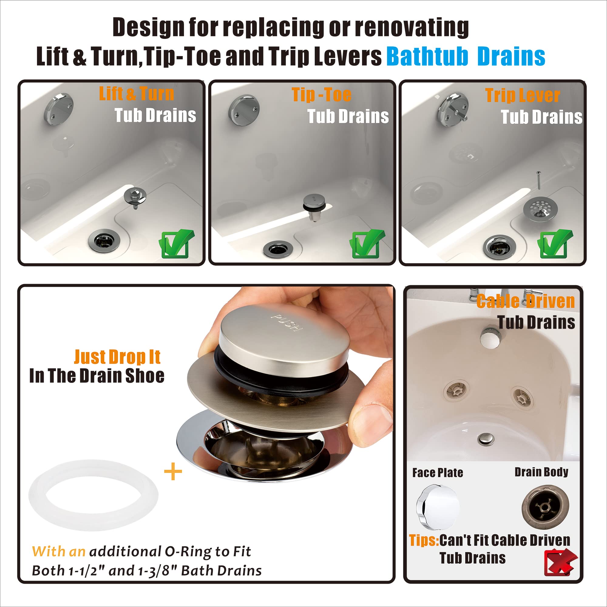 Artiwell Universal Tip Toe Bath Drain Stopper and Cover, Bathtub Drain Stopper, Replaces Lift and Turn, Tip-Toe and Trip Lever drains for Tub, EZ Installation and Clearing (Brushed Nickel)