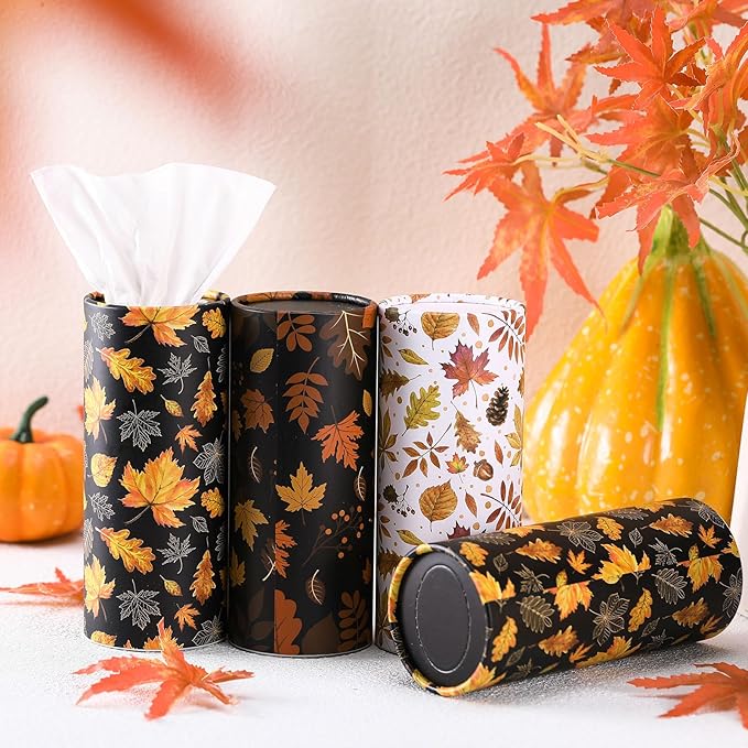 Fourluoo 12 Pack Car Tissue Cylinder Holder Bulk with 3 Ply Facial Tissues, Round Napkin Holders for Cup Holder Cylinder Travel Paper Tubes Bulk Round Napkin Boxes Packs(Maple Leaf)