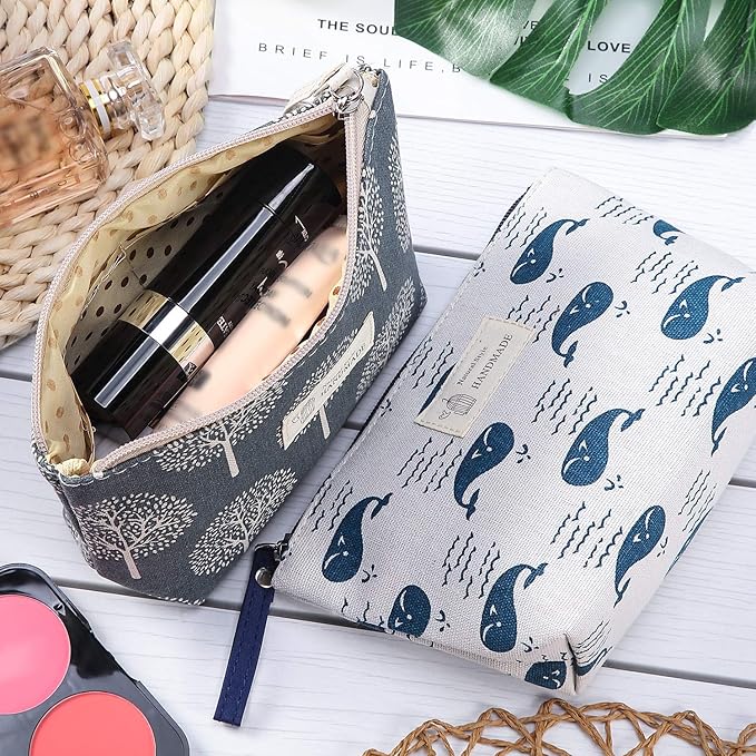 Boao 4 Pcs Canvas Cosmetic Pouches for Purse Makeup Bags Set Small with Zipper Cute Multi Functional Toiletry Travel Organizer for Back to School Women Gift, 4 Styles(Small,Whale, Bear, Tree, Leave)
