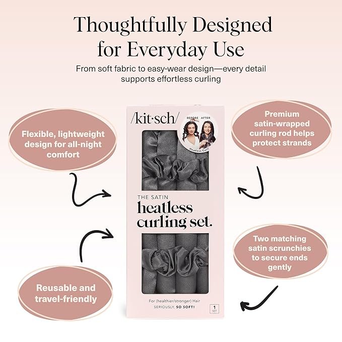 Kitsch Satin Heatless Curls Overnight Set - Charcoal