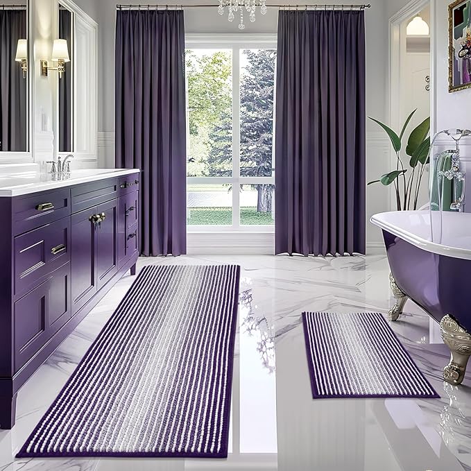 BSICPRO Bathroom Rugs and Mats Sets, 2 Piece Thick Absorbent Chenille Bath Mat Rug Set Non Slip, Soft Shaggy Bath Room Floor Mats for Bathroom, Machine Washable (Mauve Wine, 24" x 70" Plus 20" x 32")
