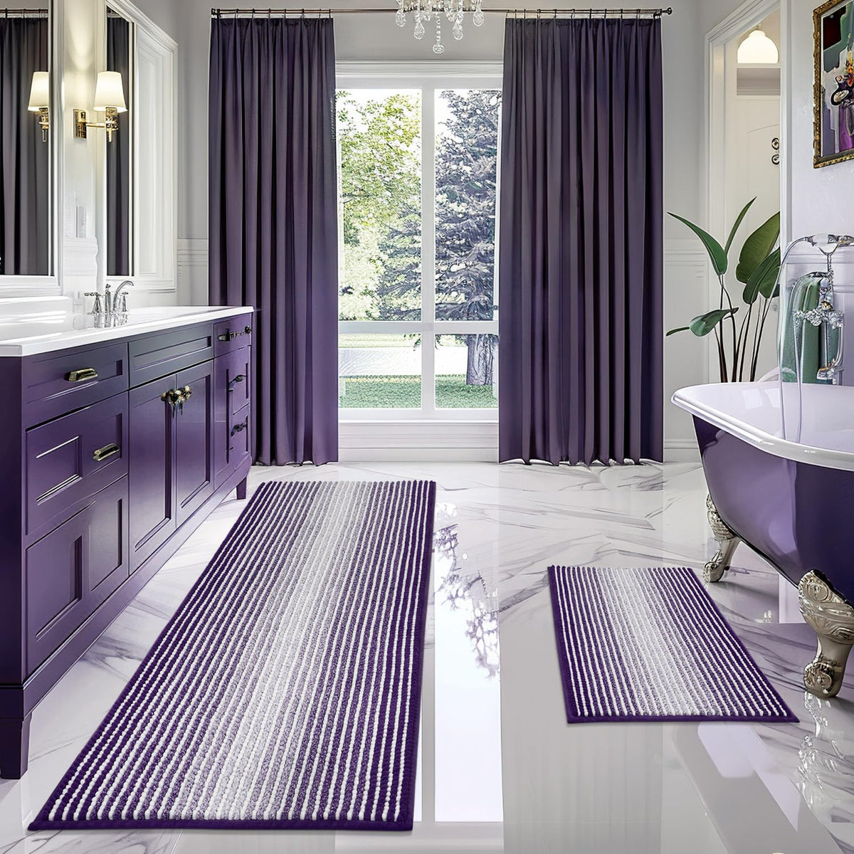 BSICPRO Bathroom Rugs Sets 2 Piece, Non Slip Striped Bath Mats, Black