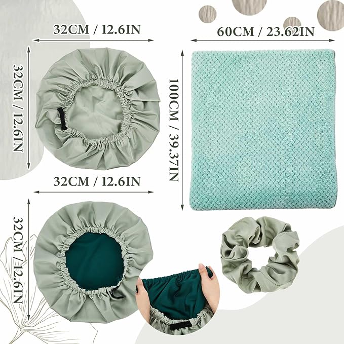 Floraltop 4 Pcs Microfiber Drying Hair Wrap Towels Reusable Waterproof Shower Cap with Elastic Band Adjustable Silk Hair Bonnet for Sleeping with Scrunchie for Women Christmas Favor Gifts(Green)