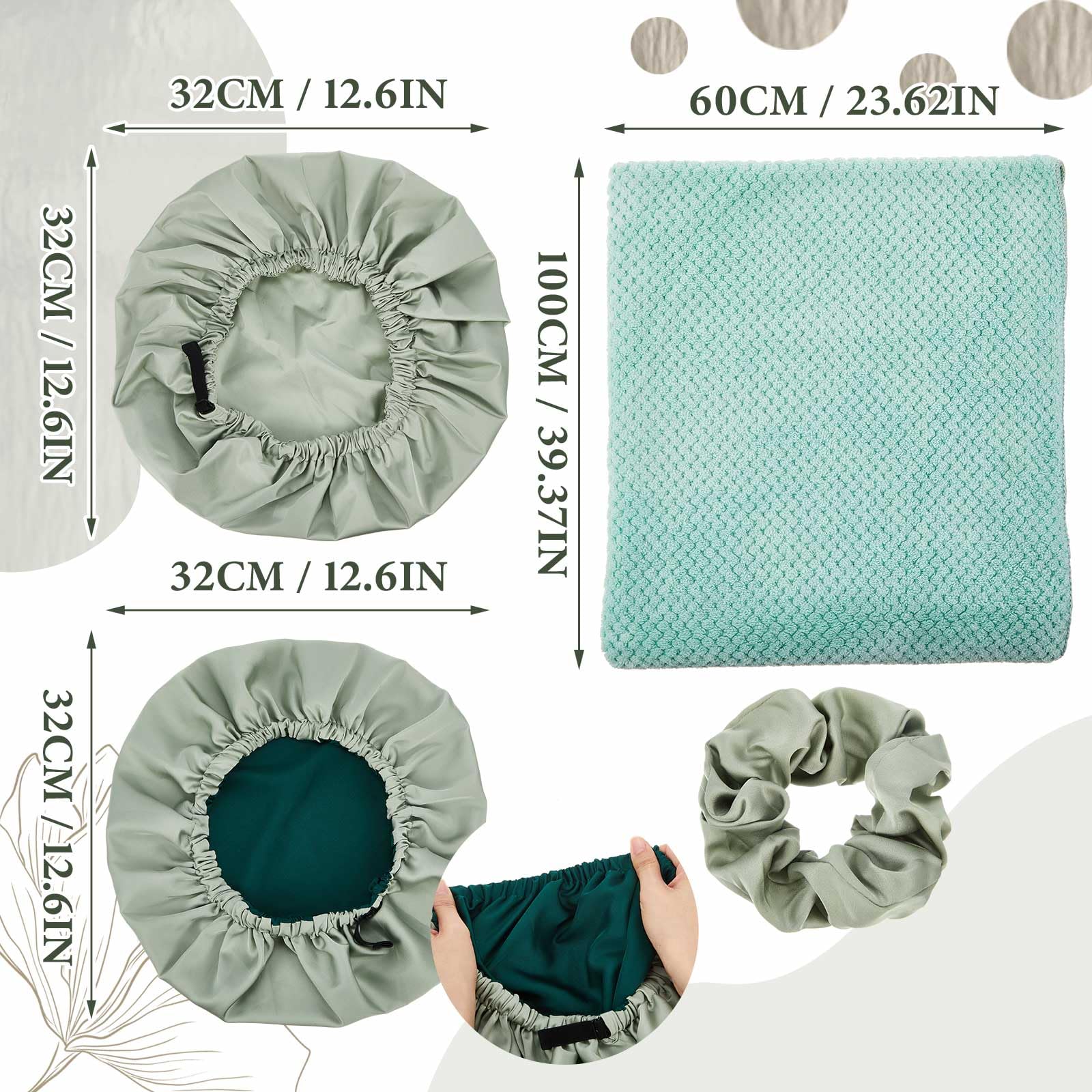 Floraltop 4 Pcs Microfiber Drying Hair Wrap Towels Reusable Waterproof Shower Cap with Elastic Band Adjustable Silk Hair Bonnet for Sleeping with Scrunchie for Women Christmas Favor Gifts(Green)