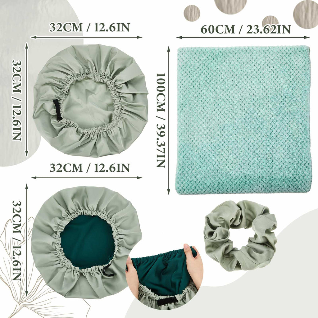 Floraltop 4 Pcs Microfiber Drying Hair Wrap Towels Reusable Waterproof Shower Cap with Elastic Band Adjustable Silk Hair Bonnet for Sleeping with Scrunchie for Women Christmas Favor Gifts(Green)