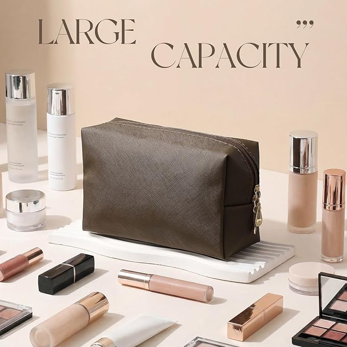 Kigeli Aesthetic Makeup Bags PU Leather Cosmetic Pouches Waterproof Plain Toiletry Bags Makeup Pouches Bulk for Women Party Gift Travel Storage Organizer(Coffee,7.1 x 2.8 x 4.3 in)