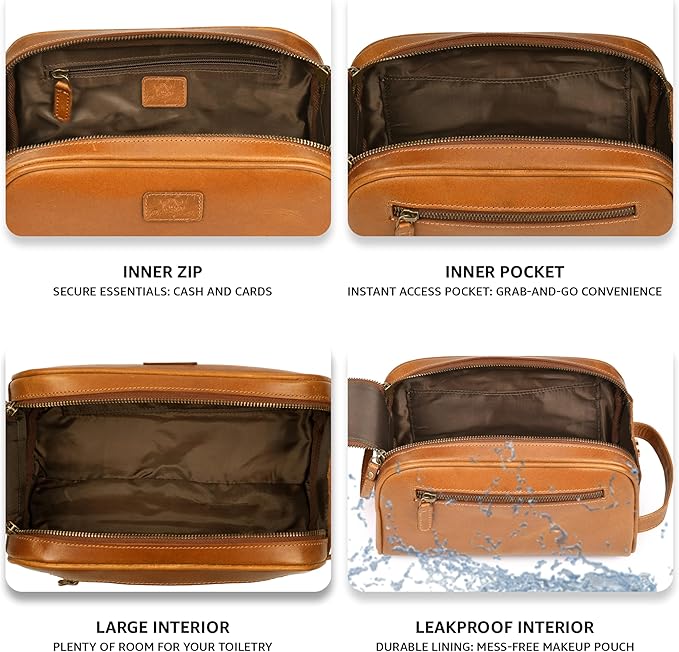Premium Leather King Size Toiletry Travel Pouch – Handcrafted Dopp Kit Bag with Waterproof Lining, Spacious Design for Travel Essentials, Elegant Tan Finish