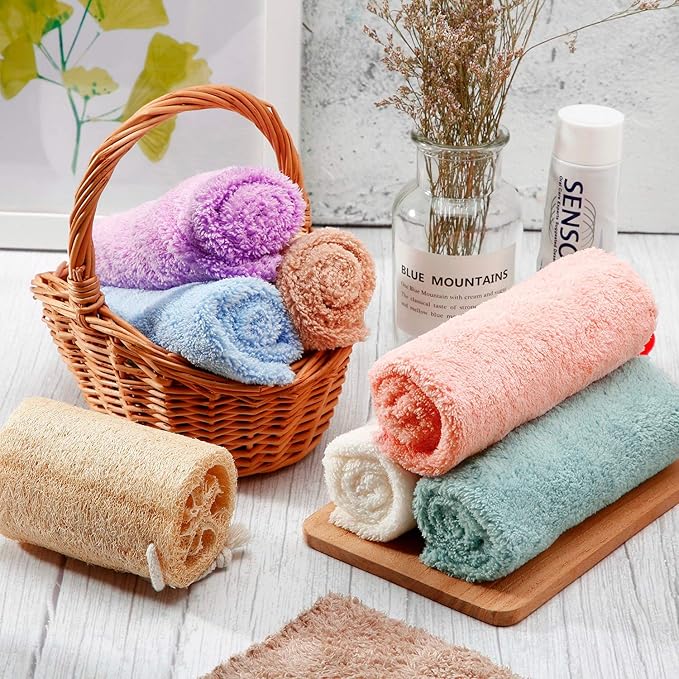 Syhood 12 Pcs Face Wash Cloth 10 x 10 Inch Makeup Remover Cloths Microfiber Facial Wash Towel Coral Velvet Reusable Soft Cleansing Towel (Pink, Green, Brown, Purple, Blue, Beige)