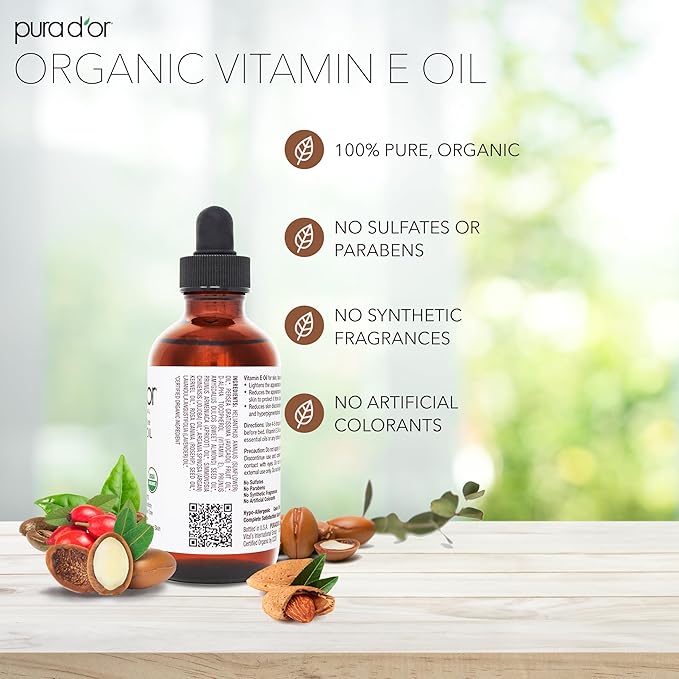 PURA D'OR 4 Oz Organic Vitamin E Oil 70,000 IU, USDA Certified Ayurvedic Skin Care, Face, Body w/Argan, Jojoba, Rosehip, Apricot, Almond & Avocado, Lightweight Moisturizer for Soft, Smooth Skin