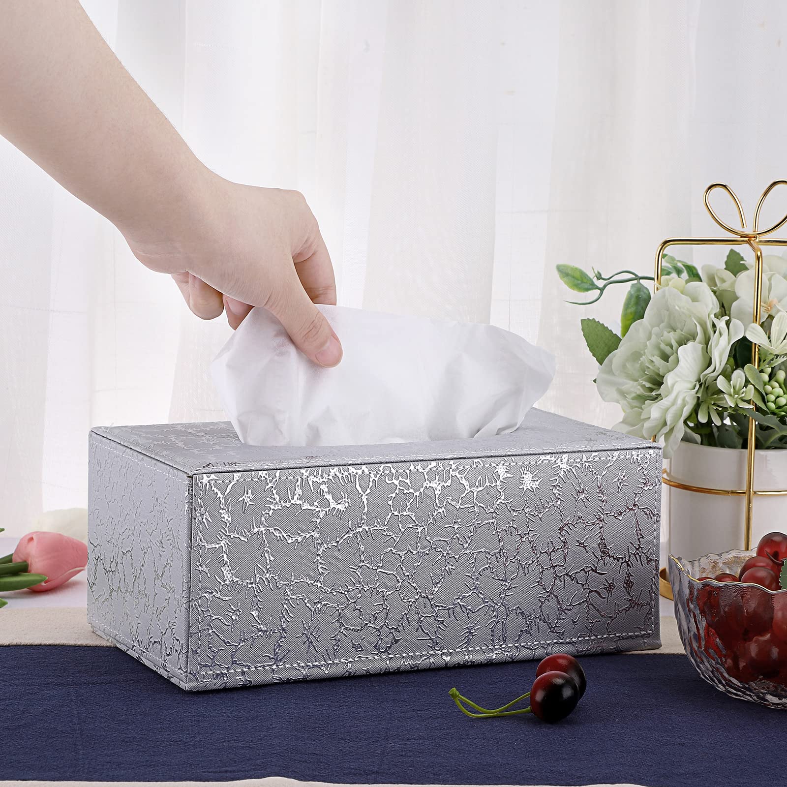 Sumnacon Rectangle Tissue Box Cover with Magnetic Bottom,Whaterproof,Silver