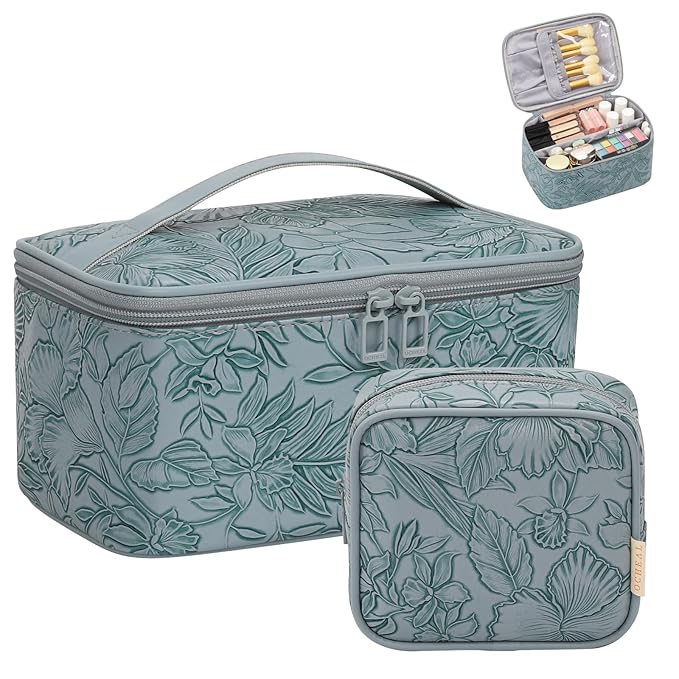 Makeup Bag with Multi-Pockets,Travel Cosmetic Bag with 2 Transparent Side Pockets for Easy Small Item Finding, Enlarged Internal Compartments, Large Capacity Waterproof Bottom Makeup Organizer -Floral