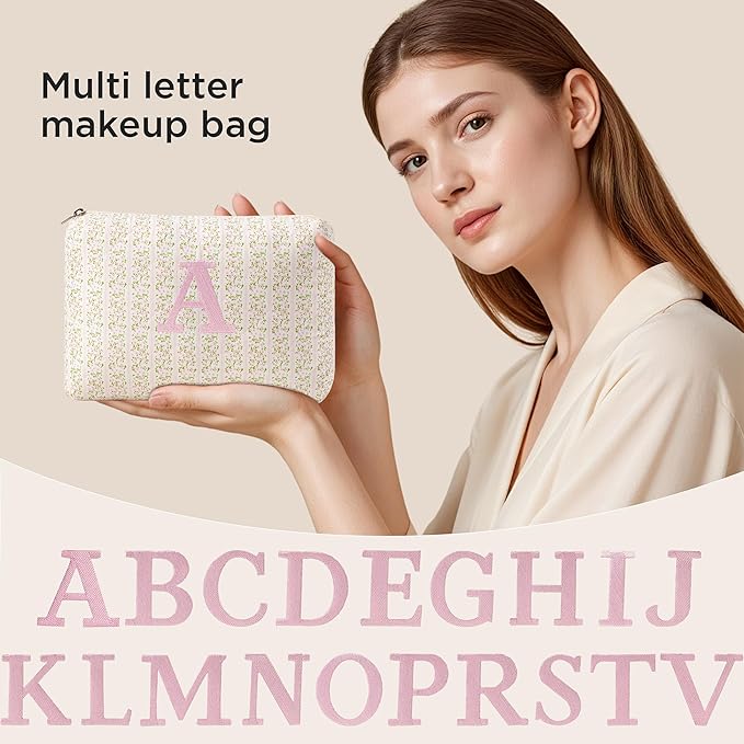 HBselect Initial Quilted Makeup Bag, Pink Cosmetic Travel Toiletry Bag, Flowers Coquette Zipper Make Up Pouch Organizer Teen Girl Gift Trendy Stuff G