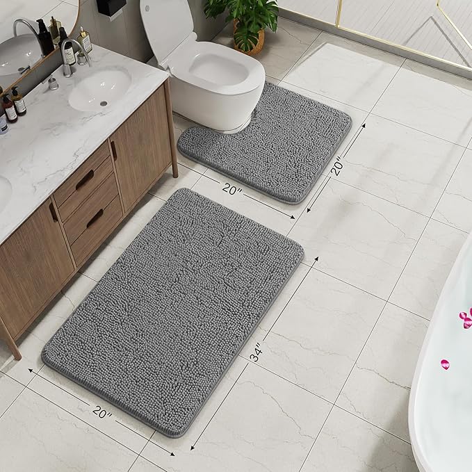 AROGAN Bathroom Rug Sets 2 Piece, 20"x20" U-Shaped Toilet Mat and 21"×34" Bath Mats Bathroom Floor Set, Machine Washable Bath Rug Set, Absorbent and Dry Quickly, Soft Non Slip Rug, Grey