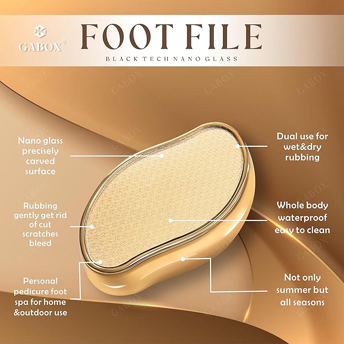 GABOX Nano Glass Pro Foot File - Callus Remover for Feet - Heel Foot Scrubber Dead Skin Exfoliator - Pedicure SPA Tool for Women & Men - Removedor de Callos en Los Pies - Crystal Gold