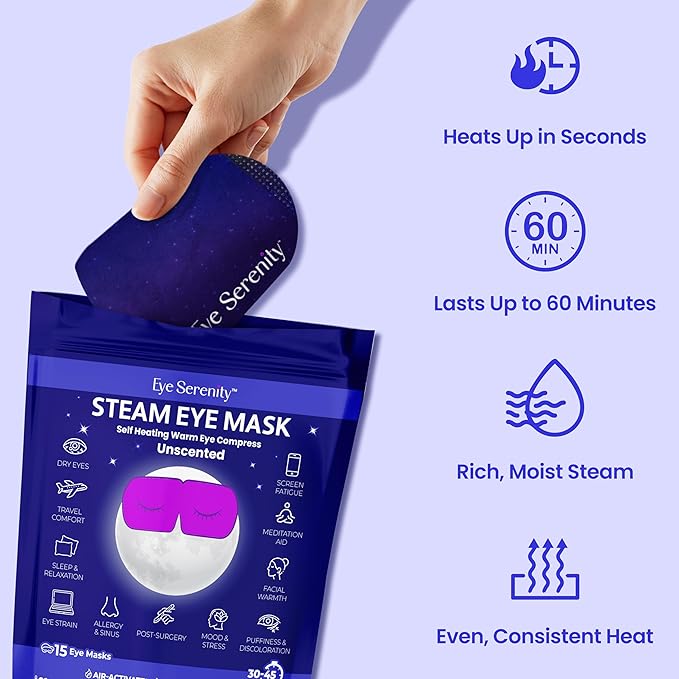 Lure Essentials Eye Serenity Steam Eye Mask, Heated Eye Mask, Self Heating Warm Compress for Dry Eyes, Fast Relief for Stye, Puffy Sensitive Eyes, Moist Heat, Gift for Women and Men - Unscented