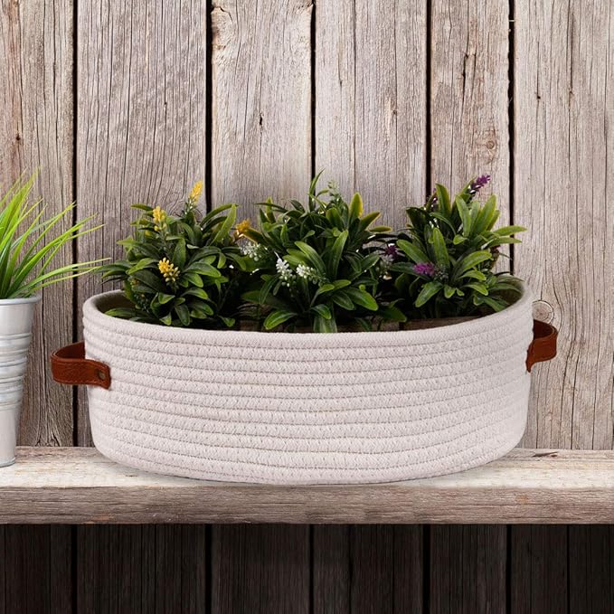 Oradrem Woven Storage Basket for Toilet Tank Top,Farmhouse Home Decor Organizing Baskets for Bathroom,Table and Counter 13"x5.9"x4" White