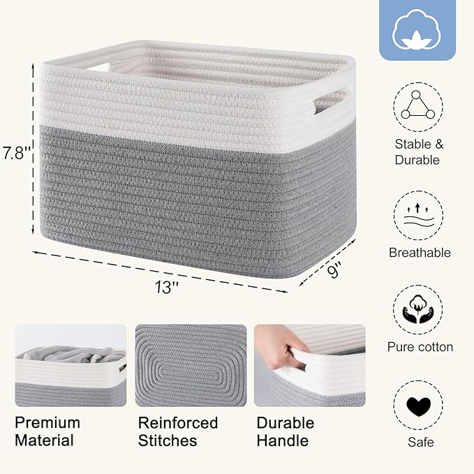 SIXDOVE 4 Pack Storage Baskets for Organizing, Woven Baskets for Shelves - Perfect for Toys, Books, Towels, and Clothes, Durable Gift Basket Bins Toy Storage, 12.7''L x9''W x7.8''H, Grey and White