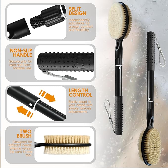 Back Scrubber with Soft and Stiff Bristles, 17''-25'' Long Handle Dual-Sided Shower Brush for Body for Deep Cleaning