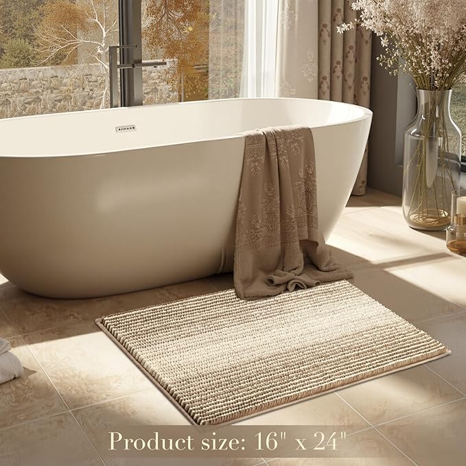 BSICPRO Bathroom Rugs, Bath Mat Rug for Bathroom Non Slip 20 x 32 Inches Water Absorbent Chenille Shower Floor Mats Machine Washable (Tan)