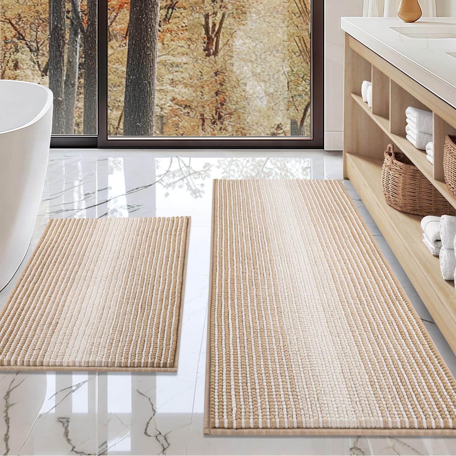 BSICPRO Bathroom Rugs and Mats Sets, 2 Piece Thick Absorbent Chenille Bath Mat Rug Set Non Slip, Soft Shaggy Bath Room Floor Mats for Bathroom, Machine Washable (Beige, 20" x 47" Plus 20" x 32")