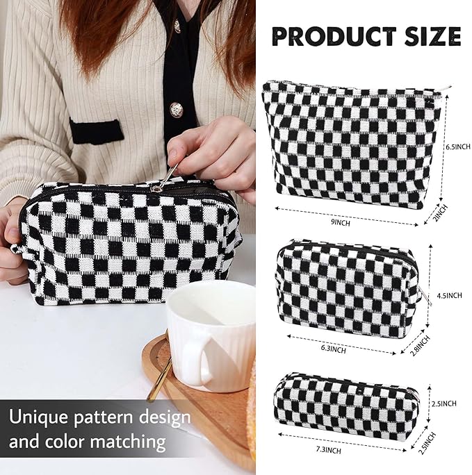 Gocvo 3 Pcs Makeup Bag Cosmetic Bag Set for Girls Women Checkered Travel Organizer Bathroom Toiletry Pouch Large Capacity Storage Bag (Black-White)