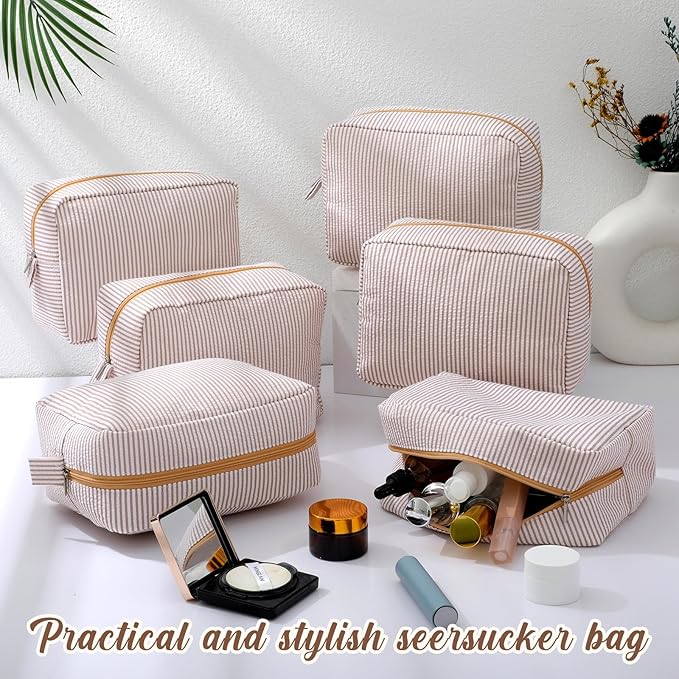 Sanwuta 6 Seersucker Cosmetic Bag Bulk Striped Makeup Bag for Women Aesthetic Cute Travel Toiletry Organizer Preppy Storage Pouch for Wedding Bridesmaid Mother's Day Teacher Gift (Large,Khaki)