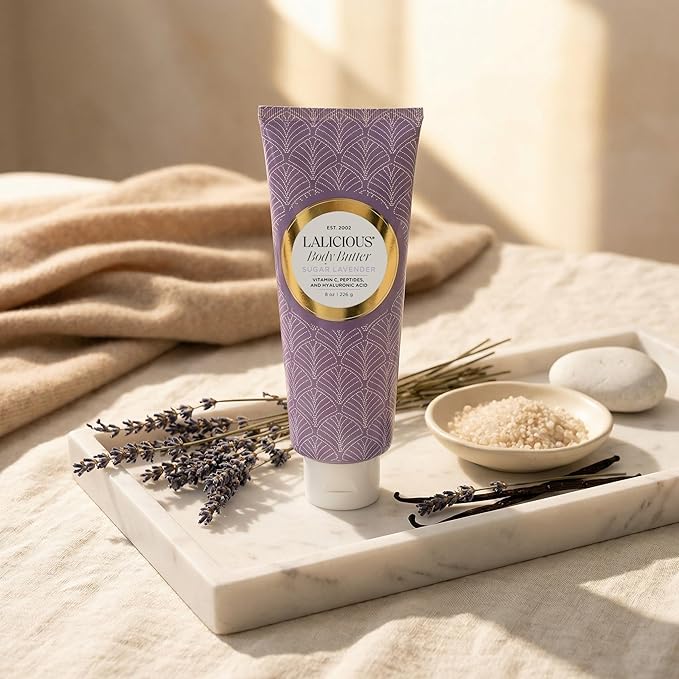 LALICIOUS Sugar Lavender Whipped Body Butter 8oz | Ultra-Hydrating Shea Butter Body Cream with Hyaluronic Acid, Vitamin C & Peptides | Deep Moisturizing Lotion for Dry Skin | Calming Lavender Scent