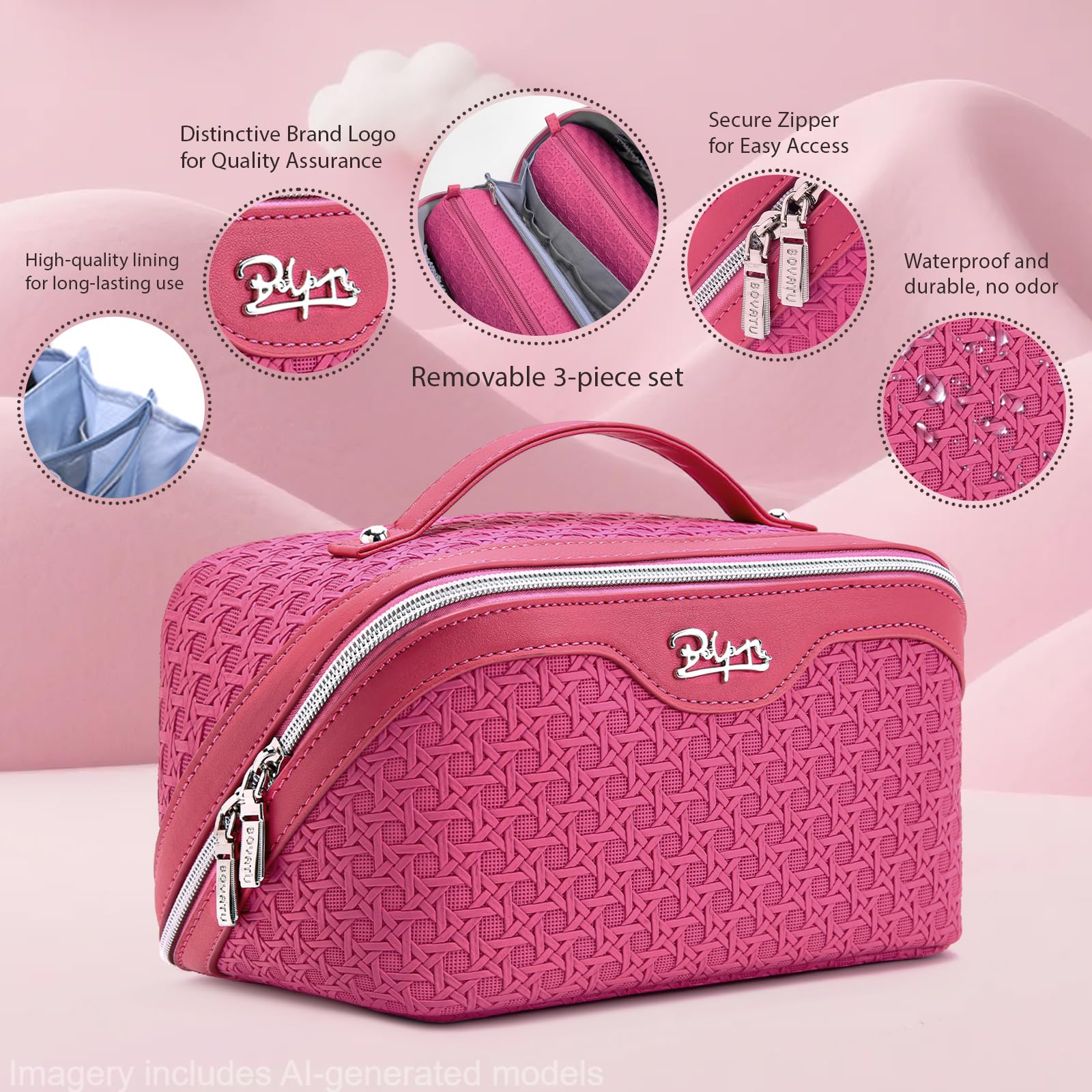 BOYATU Travel Makeup Bag Cosmetic Bags for Women: Large Capacity 3 Pcs Set Make up Bag with Compartments - Waterproof Vegan Leather Toiletry Organizer Bags with Handle (M-73Rose)