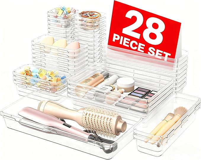 A-LuGei 【Military Grade】 Drawer Organizer,【𝟱𝗦𝗶𝘇𝗲】 Makeup organizer,【Holds 177 Items】 Bathroom Organizers and Storage,Organization and Storage,Desk Drawer Organizer for Vanity【Clear】