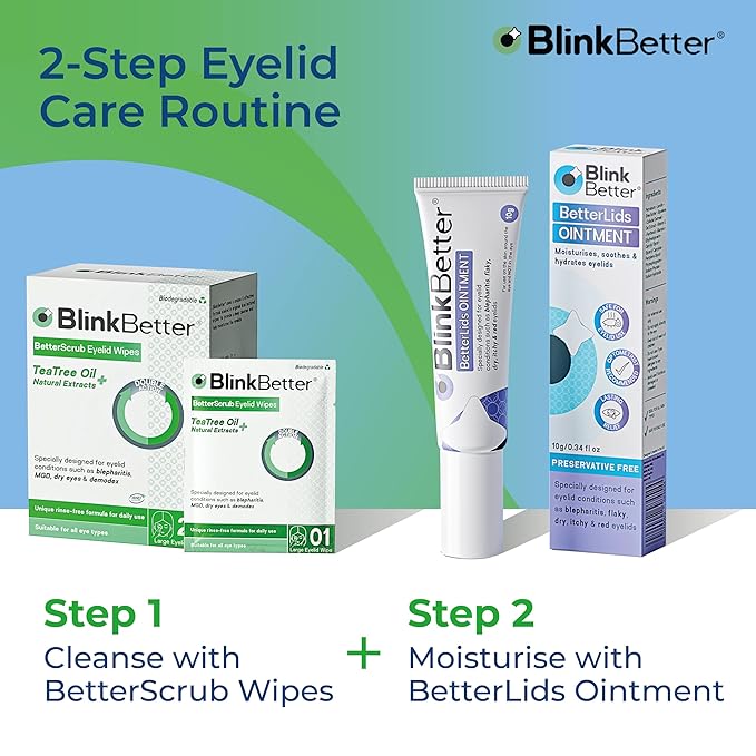 BlinkBetter Tea Tree Oil Eyelid Wipes - 20 x Natural Blepharitis, MGD & Dry Eye Relief Wipes | Cleansing, Soothing, Dual-Textured, Triple Moisture Formula | Biodegradable & Gentle (Pack of 1, 20)