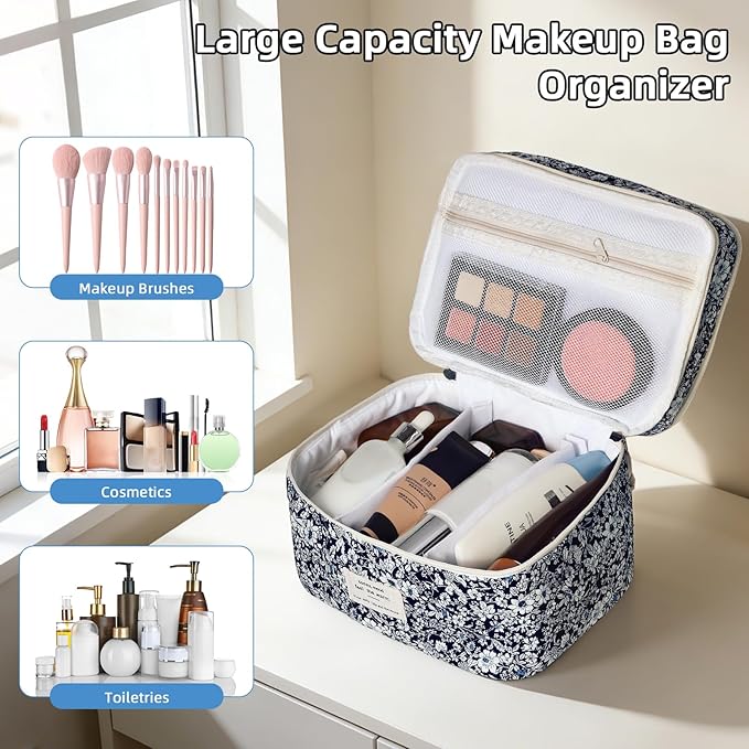 Gosect Makeup Bag, Portable Travel Make up Bag, Large Capacity Quilted Cosmetic Organizer Bag, Cute Floral Toiletry Bag for Women Girls (Black Rose)
