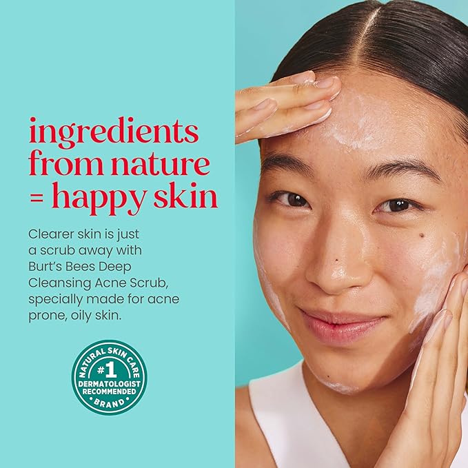 Burt’s Bees Clear and Balanced Deep Cleansing Acne Scrub, Salicylic Acid Acne Treatment with Cica, Facial Cream Exfoliator Helps Unclog Pores and Reduce Acne, 4 Oz