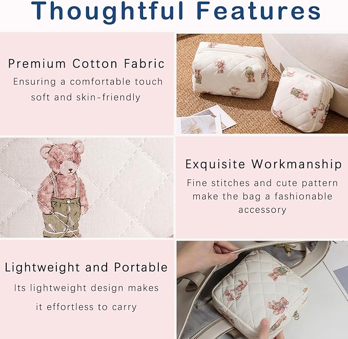 RSRSLEII 2 Pcs Quilted Cotton Makeup Bag Set, Small Aesthetic Cosmetic Bag with Bear Pattern, Cute Makeup Pouch for Purse, Kawaii Trendy Preppy Travel Toiletry Bag for Women and Girls(20 Bear Set)