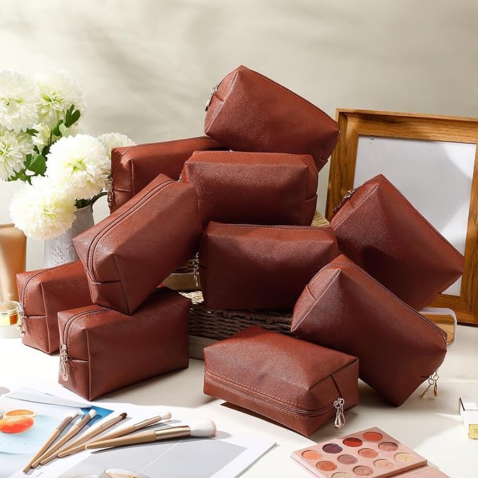 Kigeli Aesthetic Makeup Bags PU Leather Cosmetic Pouches Waterproof Plain Toiletry Bags Makeup Pouches Bulk for Women Party Gift Travel Storage Organizer(Brown,7.1 x 2.8 x 4.3 in)