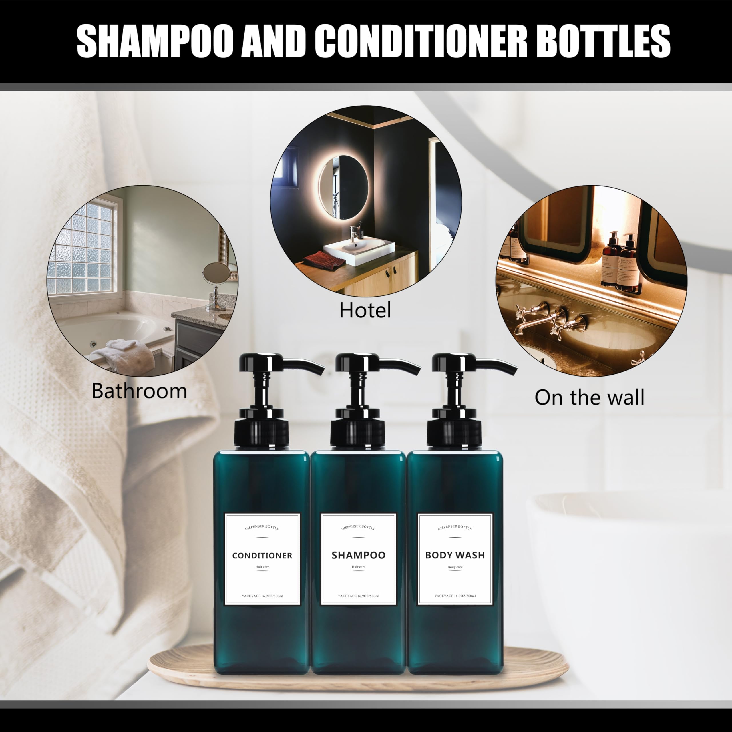 Travel Shampoo Bottles,YACEYACE 16.9oz Set of 3 Empty Shower Bottles