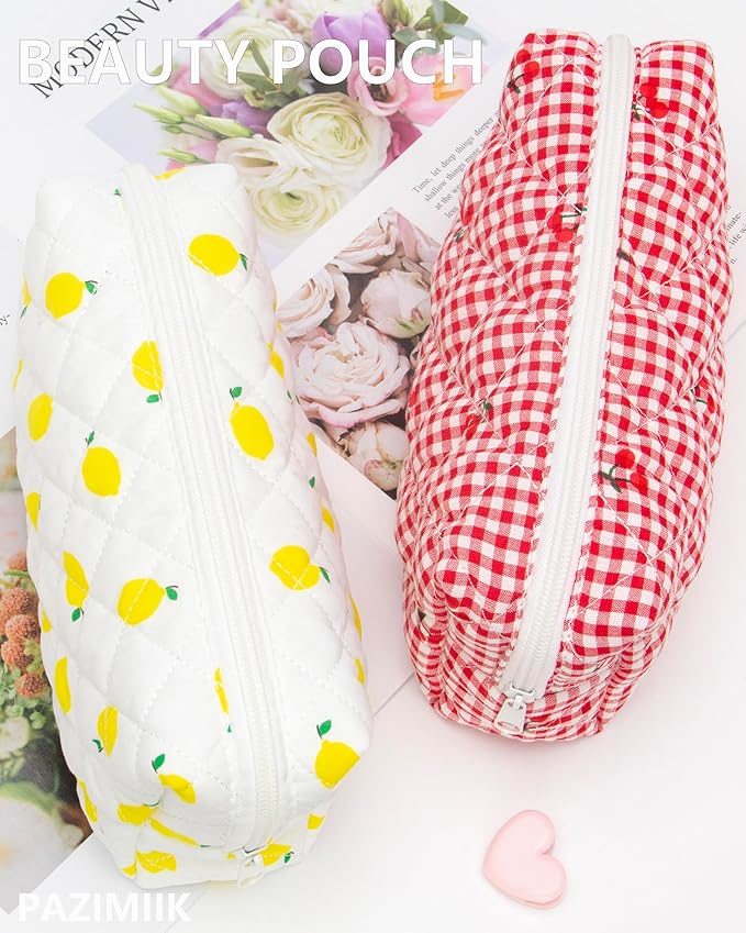 PAZIMIIK Small Quilted Makeup Bag,Zipper Cosmetic Pouch,Lemon White
