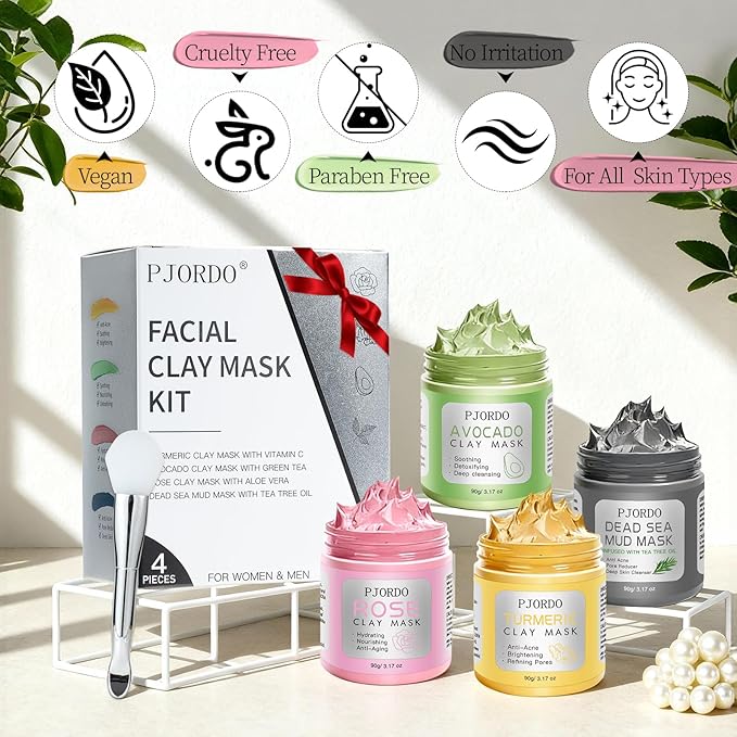 4 Pcs Clay Mask for Face(360g in total), Turmeric Vitamin C, Dead Sea Mud, Green Tea Avocado, Rose, Face Mask Skincare for Pore Cleansing, Facial Clay Mask Set Gifts for Women, 3.17 Oz Each